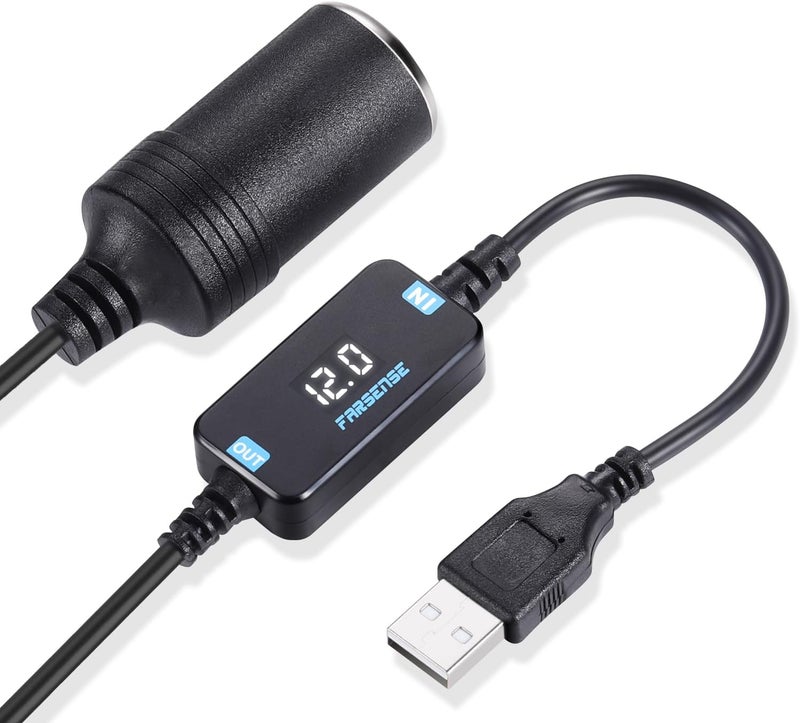 FARSENSE USB A to 12V Cigarette Lighter Adapter-USB C DC 5V to 12V Step Up Car Cigarette Lighter Socket Converter Cable（3FT Supports Voltage Display,for Dash Cam,GPS,Driving Recorder,Etc - Image 1